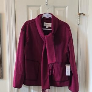 LIZ CLAIBORNE WOMEN'S WINE BURGUNDY WINTER COAT WITH ATTACHED SCARF SIZE MEDIUM